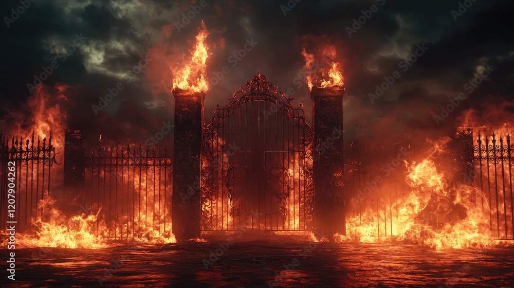 Iron gate ablaze with roaring flames under a stormy night sky ...