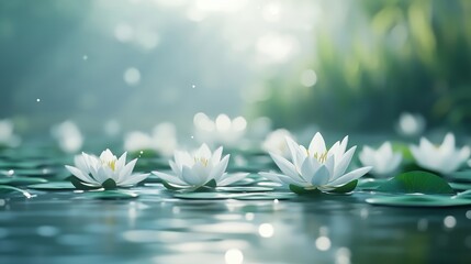 Wall Mural - Tranquil Water Lilies on Serene Pond with Soft Morning Light