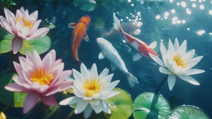 Wall Mural - Koi Fish and Water Lilies in Serene Pond