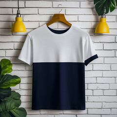 white and blue color mix t shirt hanging on hanger on brick wall background