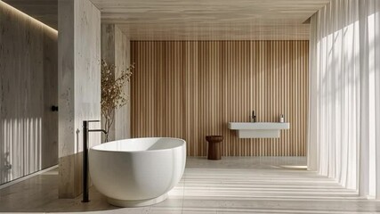 Aufkleber - Modern bathroom interior design featuring freestanding tub, wooden accents, and natural light, creating serene atmosphere with minimalist decor for ultimate relaxation and contemporary spa vibes.