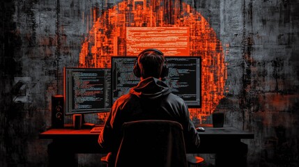 Dark Cybersecurity Concept with Programmer at Dual Monitor Setup