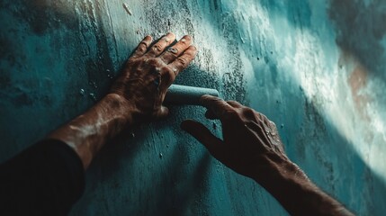 Wall Mural - Close-up of hands applying light blue chalk or pastel on a textured dark blue wall.