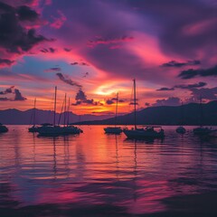 Wall Mural - breathtaking sunset over ajaccio bay with silhouetted boats
