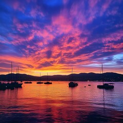 Wall Mural - breathtaking sunset over ajaccio bay with silhouette of boats