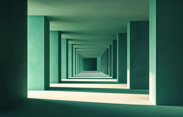 Abstract green hallway with columns receding into perspective.