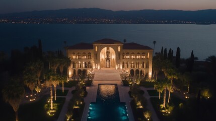 Canvas Print - Luxurious Coastal Mansion Night Illumination Aerial View