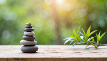 Wall Mural - Stacked stones on wooden table with greenery background