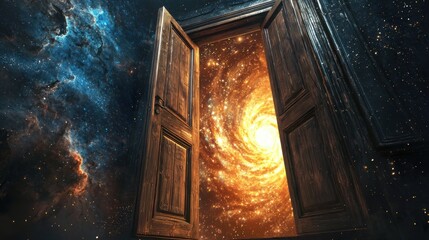 Wall Mural - a weathered wooden door stands ajar, revealing a captivating view of a swirling galaxy. starry skies