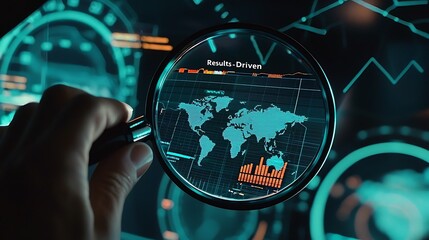Wall Mural - A hand is holding a magnifying glass over a computer screen that shows a map of