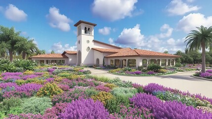 Canvas Print - Mediterranean Style Building with Lush Flower Gardens