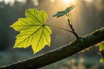 Beautiful green leaf on a branch with morning sunlight, natural history, branch, morning light