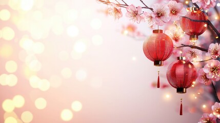 Wall Mural - elegant chinese new year background featuring red lanterns and blooming cherry blossoms, enhanced by