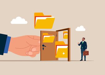 Wall Mural - Opening a door to see file folders. Arrange online data, paperwork concept, file management, organize document files into archive folders. Vector illustration in flat style.