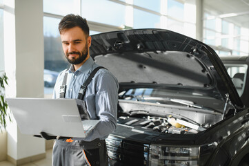 Fototapete - Automotive mechanic running diagnostics software on computer. Mechanic doing vehicle diagnostic test in auto service garage