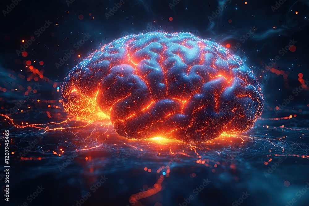 3d image of Electrical activity of the human brain. Human brain digital ...