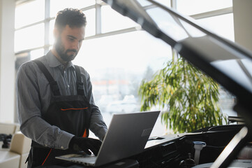 Leinwandbilder - Auto mechanic using computer diagnostic program while repairing car in workshop