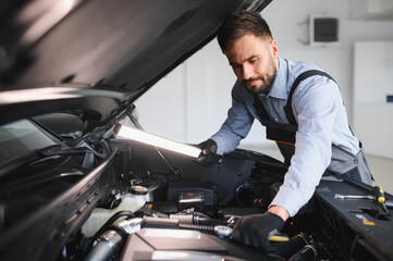 Leinwandbilder - Troubleshooting process. Auto mechanic working in garage. Repair service