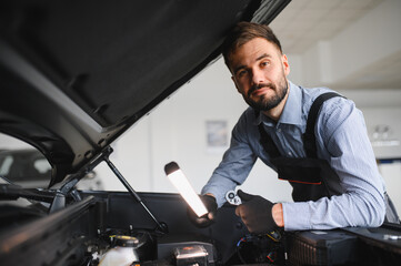 Leinwandbilder - Troubleshooting process. Auto mechanic working in garage. Repair service
