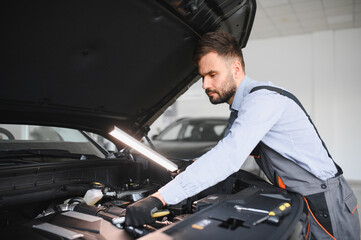 Leinwandbilder - Friendly mechanic in modern car repair shop with car. Professional technician checking vehicle diagnostics and maintenance. Concept of automotive industry and customer service
