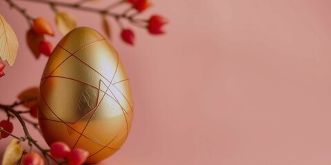 Wall Mural - A gold egg with a red flower next to it. The egg is sitting on a white cloth