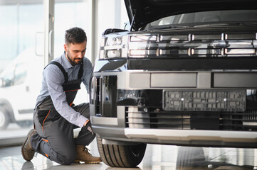 Leinwandbilder - Car mechanic working in garage and changing wheel alloy tire. Repair or maintenance auto service. Replacement of winter and summer tires