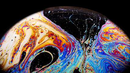 Wall Mural - Closeup on a colorful soap bubble to demonstrate thin film interference physics concept with shapes and colors always in motion