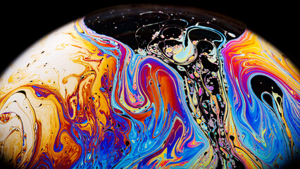 Wall Mural - Closeup on a colorful soap bubble to demonstrate thin film interference physics concept with shapes and colors always in motion