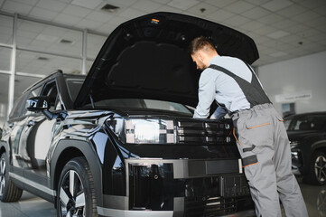 Fototapete - Troubleshooting process. Auto mechanic working in garage. Repair service