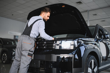 Leinwandbilder - Troubleshooting process. Auto mechanic working in garage. Repair service