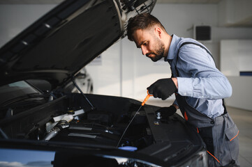 Leinwandbilder - Troubleshooting process. Auto mechanic working in garage. Repair service