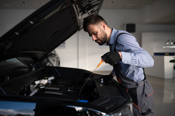 Leinwandbilder - Friendly mechanic in modern car repair shop with car. Professional technician checking vehicle diagnostics and maintenance. Concept of automotive industry and customer service