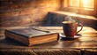 © Collection - A steaming cup of coffee and antique book rest on a rustic wooden table in warm sunlight