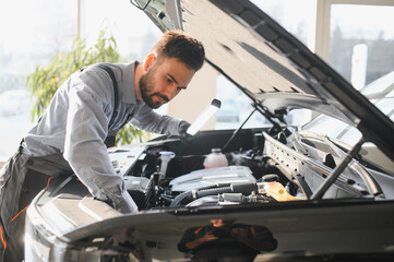 Leinwandbilder - Troubleshooting process. Auto mechanic working in garage. Repair service