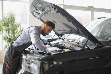 Fototapete - Troubleshooting process. Auto mechanic working in garage. Repair service
