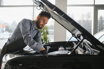 Leinwandbilder - Troubleshooting process. Auto mechanic working in garage. Repair service