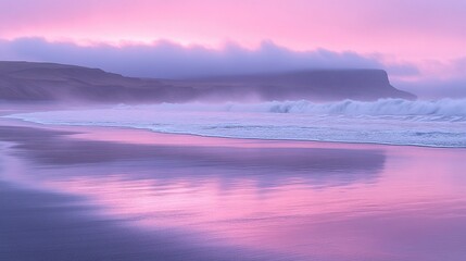 Poster - Pink sunset beach waves crashing on shore, misty cliffs background, travel