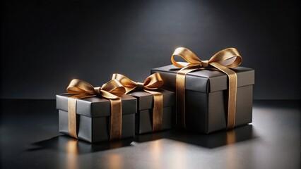 Wall Mural - Elegant Black Gift Boxes with Gold Ribbons on Dark Background