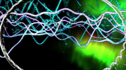 Aufkleber - A vibrant abstract design featuring glowing neon waveforms in blue and purple, interlaced with green energy-like patterns against a dark background.