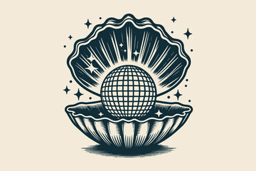 Open seashell with disco ball, vintage engraving-style vector icon, black