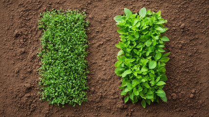 Fresh herbs growing in adjacent patches on soil, showcasing vibrant green colors and healthy foliage. contrast between two types of herbs adds visual interest to garden scene