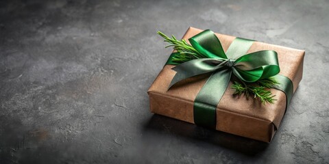 Wall Mural - A luxuriously wrapped gift box adorned with a dark green satin ribbon and sprigs of evergreen sits on a dark surface.