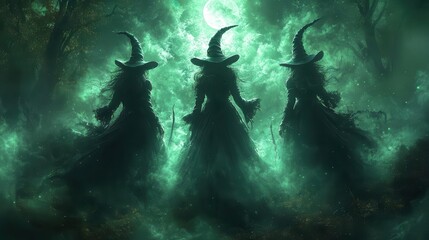 Wall Mural - three witches in elaborate dark gothic attire moonlit scene swirling magical effects deep purples and greens mystical forest background