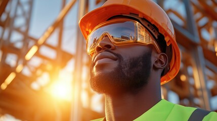 Wall Mural - skilled construction worker gazes upward as the sun sets behind scaffolding, wearing an orange hard hat and reflective sunglasses. His bright safety vest highlights the focus of his work