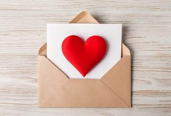 Wall Mural - Brown Envelope with Red Heart and White Card on Wooden Background