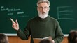 © Anna - knowledgeable educator with a beard and glasses engages a group of attentive students in a classroom setting