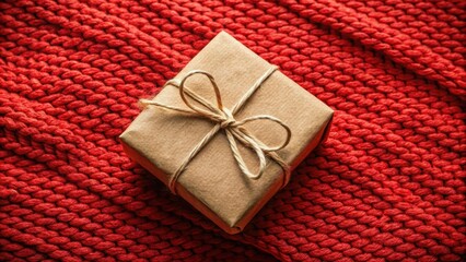 Wall Mural - A small gift wrapped in brown paper and tied with twine rests on a red knitted surface.