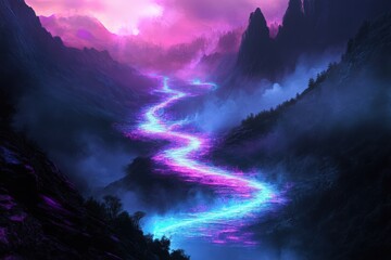 Wall Mural - Glowing River Flows Through A Mystical Mountain Valley