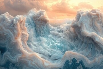 Wall Mural - Abstract waves crashing against each other at sunset, creating a mesmerizing marble-like texture.