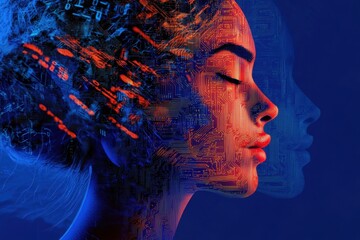 Abstract digital human profile with circuit board patterns and binary code, symbolizing artificial intelligence or machine learning concept on a blue background Generative AI